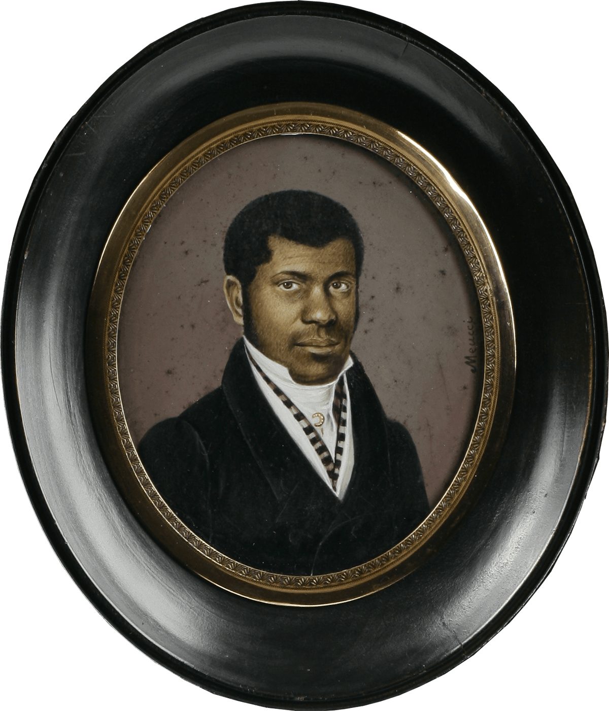 a miniature portrait of Pierre Toussant from 1825 with a black oval frame